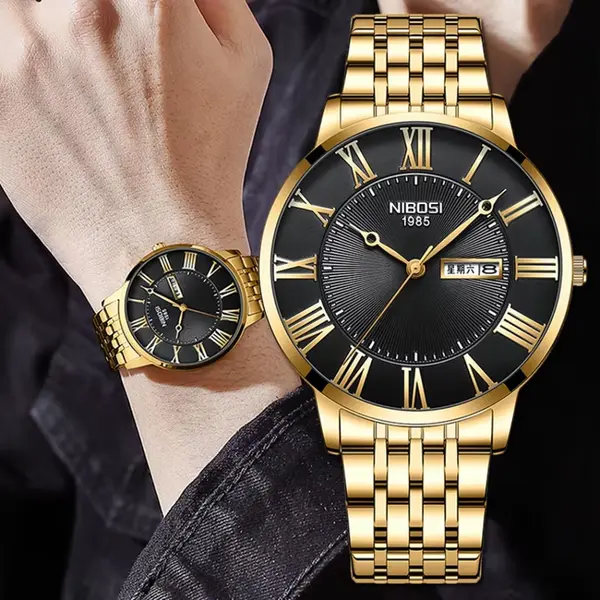  Nibosi 2527 Classic Stainless Steel Analog Fashion Men's Watch – Dial Color: Black Gold, Strap Color: Gold – View 3